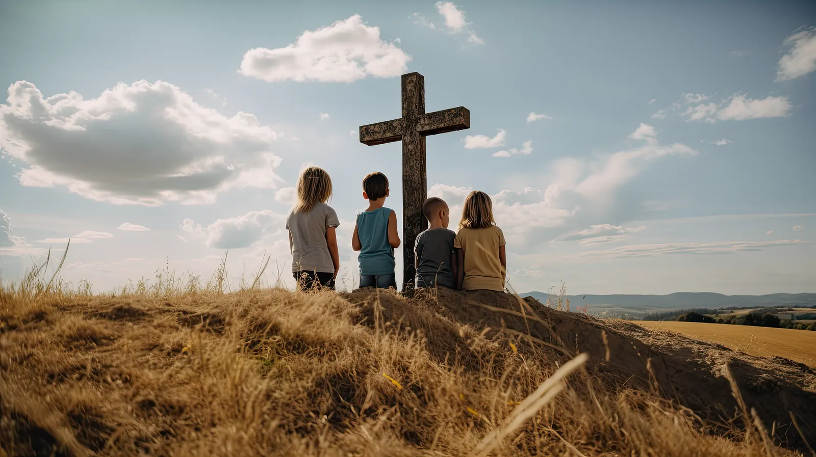 Cuatro niños de espaldas frente a una cruz en un campo abierto